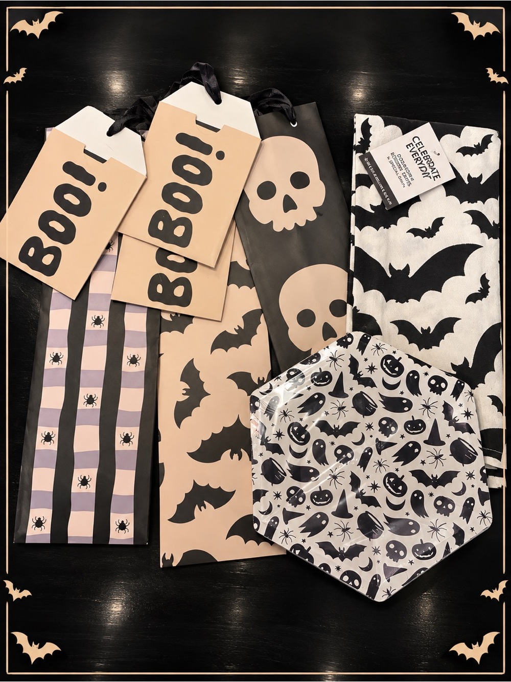 Halloween Party Set- 3 Wine Bottle Bags, Plates, & Kitchen Towel